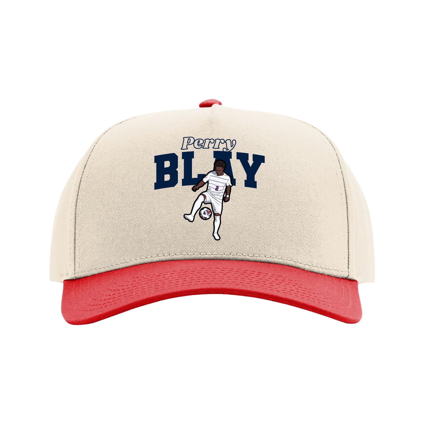 Full Fabric Five-Panel Champ Cap — Name Arch in Cream/Red