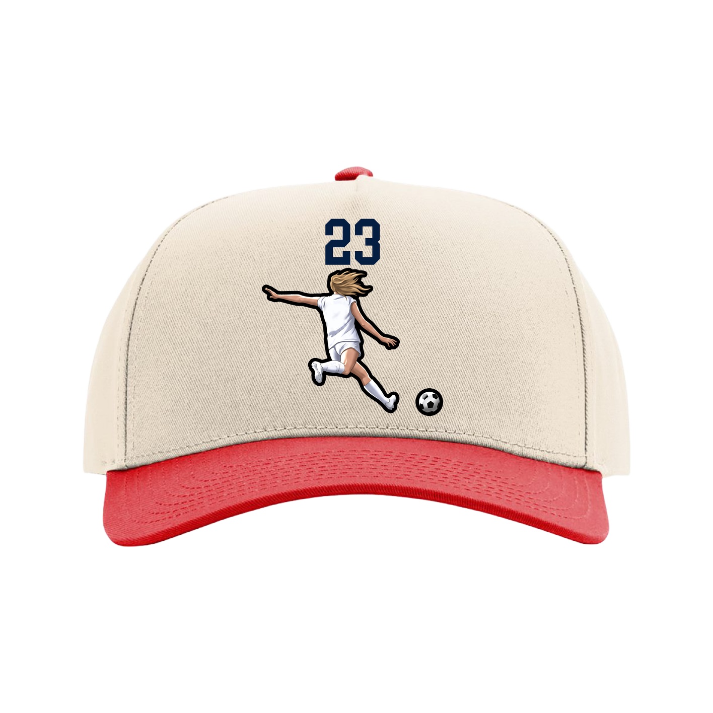 Full Fabric Five-Panel Champ Cap — Number Top in Cream/Red