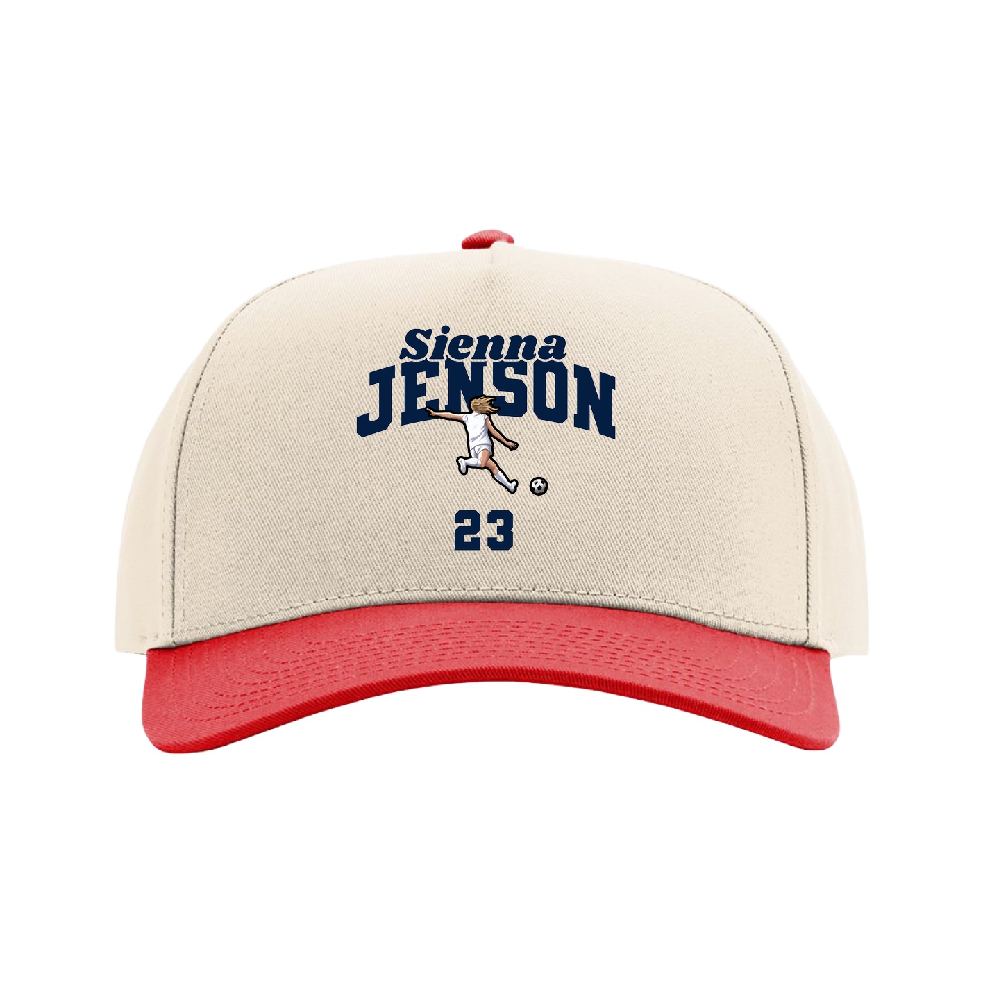 Full Fabric Five-Panel Champ Cap — Signature Arch in Cream/Red