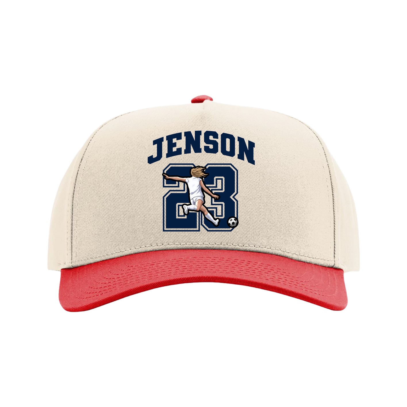 Full Fabric Five-Panel Champ Cap — Number in Cream/Red