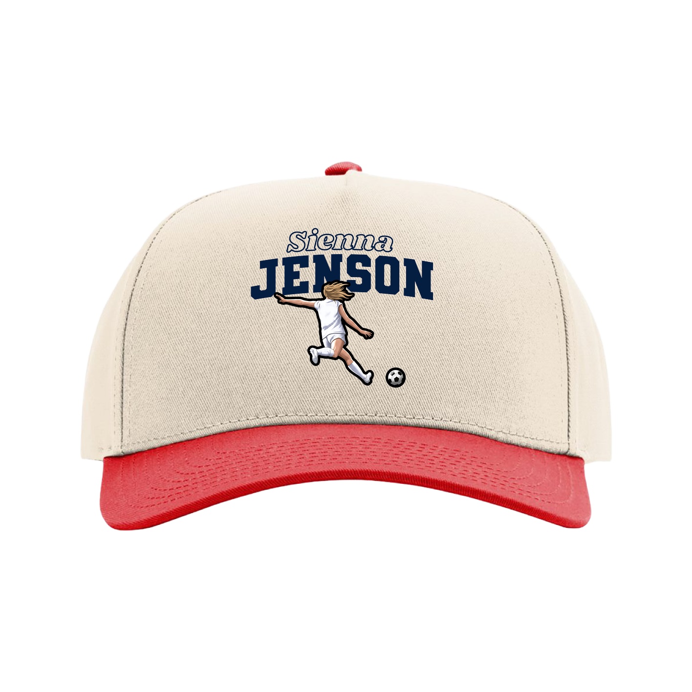 Full Fabric Five-Panel Champ Cap — Name Arch in Cream/Red