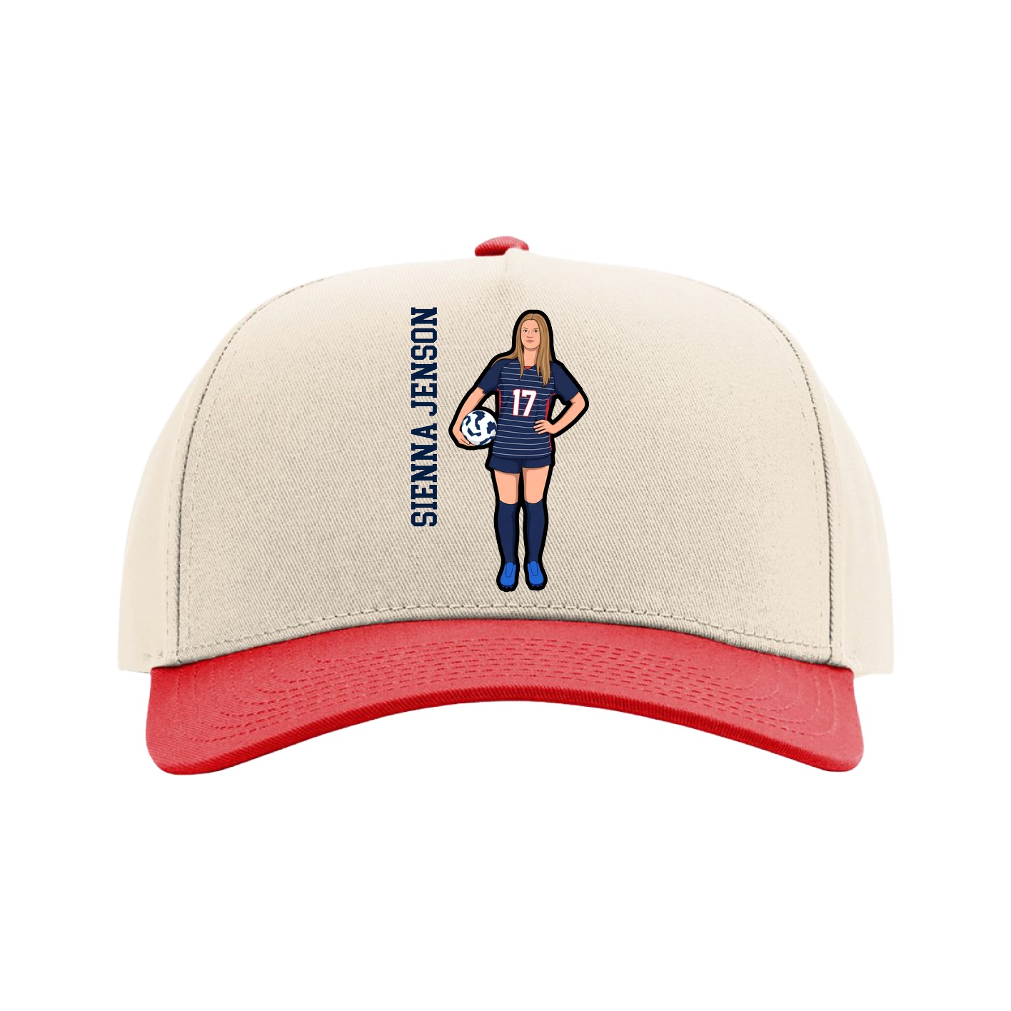 Full Fabric Five-Panel Champ Cap — Name Vertical in Cream/Red