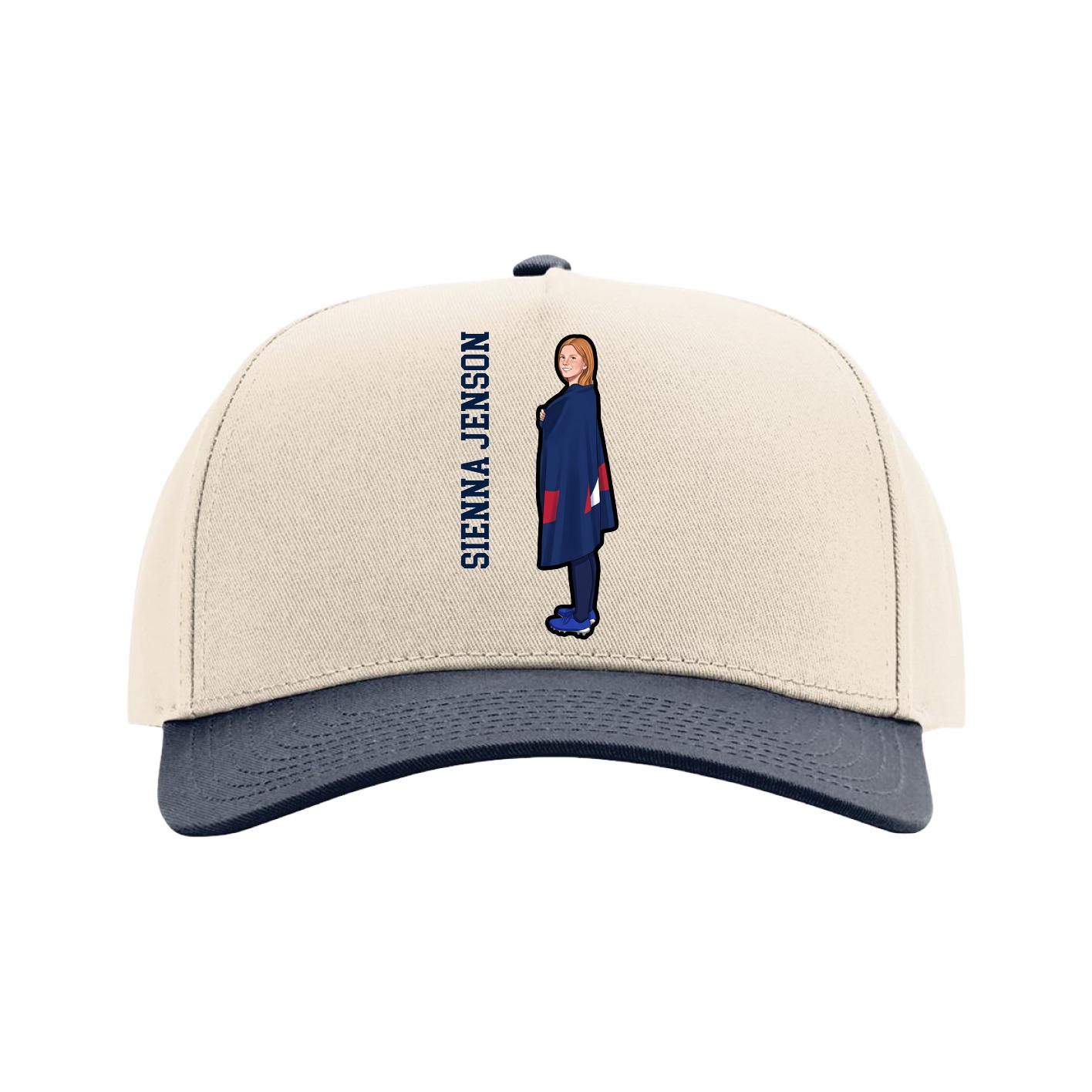 Full Fabric Five-Panel Champ Cap — Name Vertical in Cream/Navy