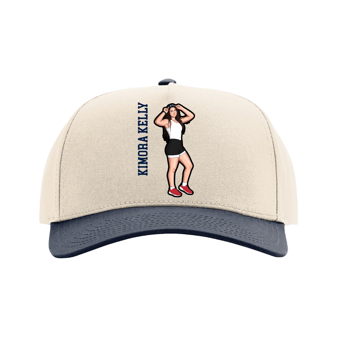Full Fabric Five-Panel Champ Cap — Name Vertical in Cream/Navy