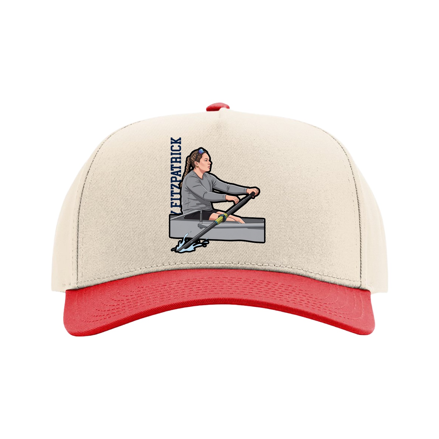 Full Fabric Five-Panel Champ Cap — Name Vertical in Cream/Red