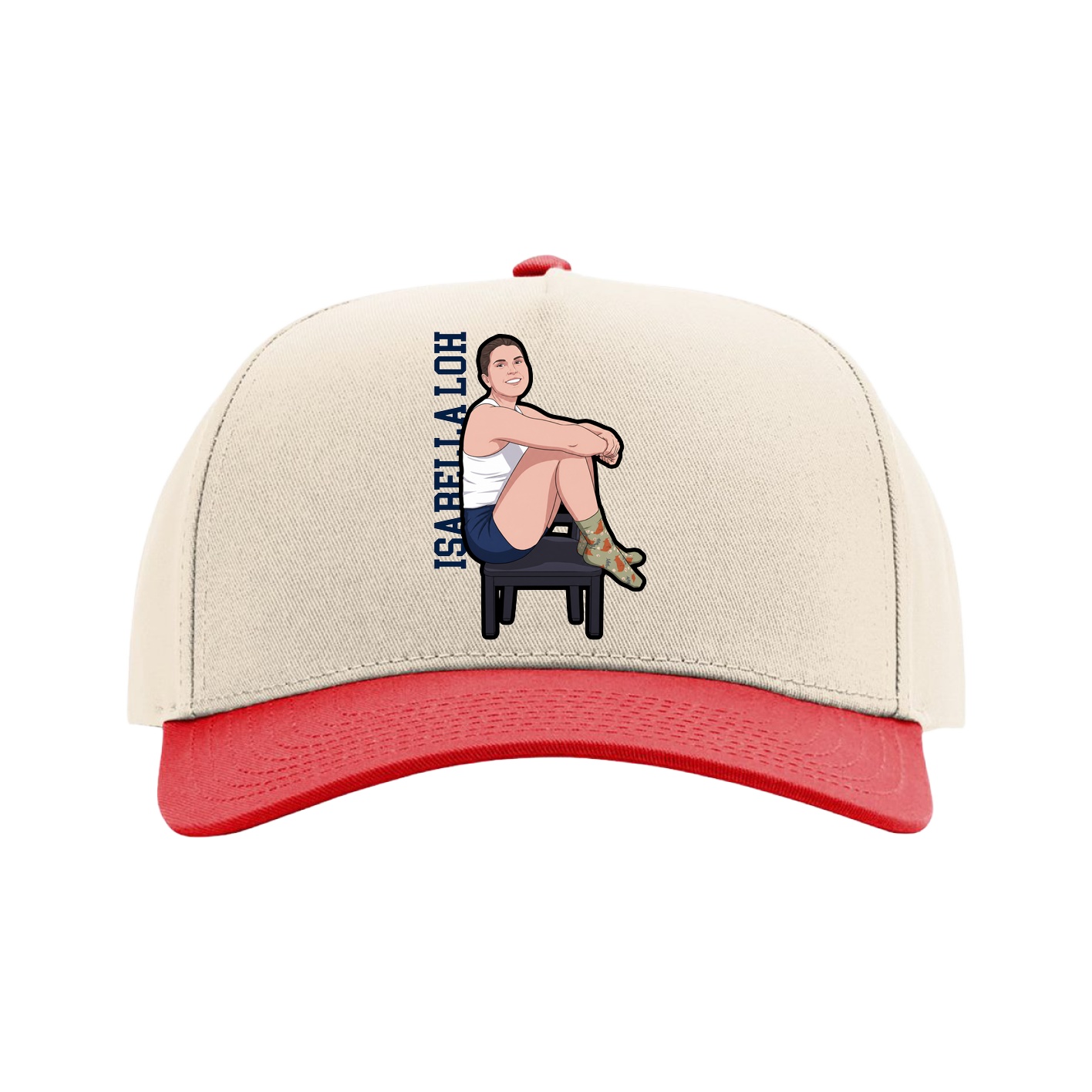 Full Fabric Five-Panel Champ Cap — Name Vertical in Cream/Red