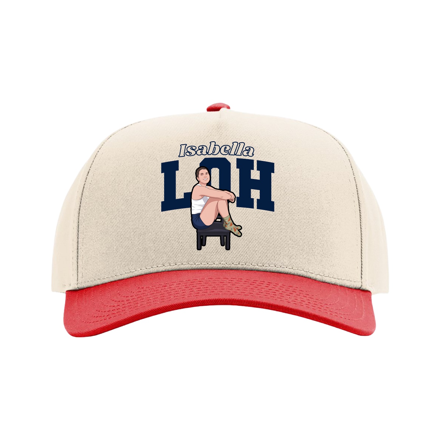 Full Fabric Five-Panel Champ Cap — Name Arch in Cream/Red