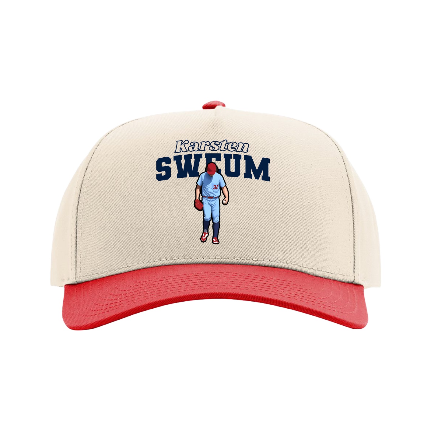 Full Fabric Five-Panel Champ Cap — Name Arch in Cream/Red