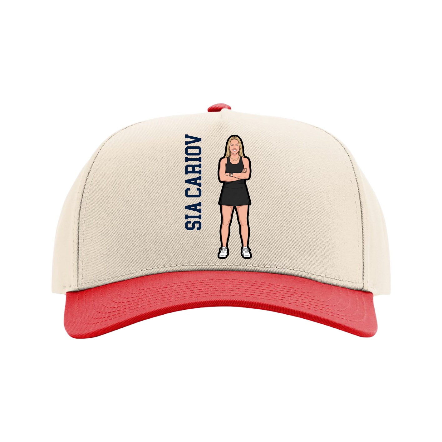 Full Fabric Five-Panel Champ Cap — Name Vertical in Cream/Red