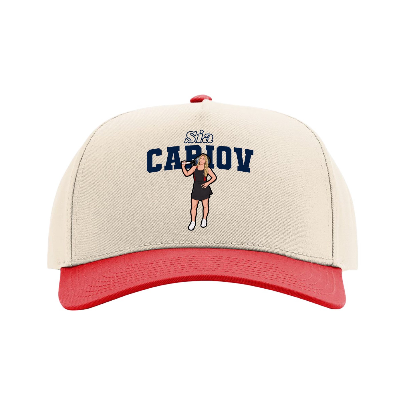 Full Fabric Five-Panel Champ Cap — Name Arch in Cream/Red
