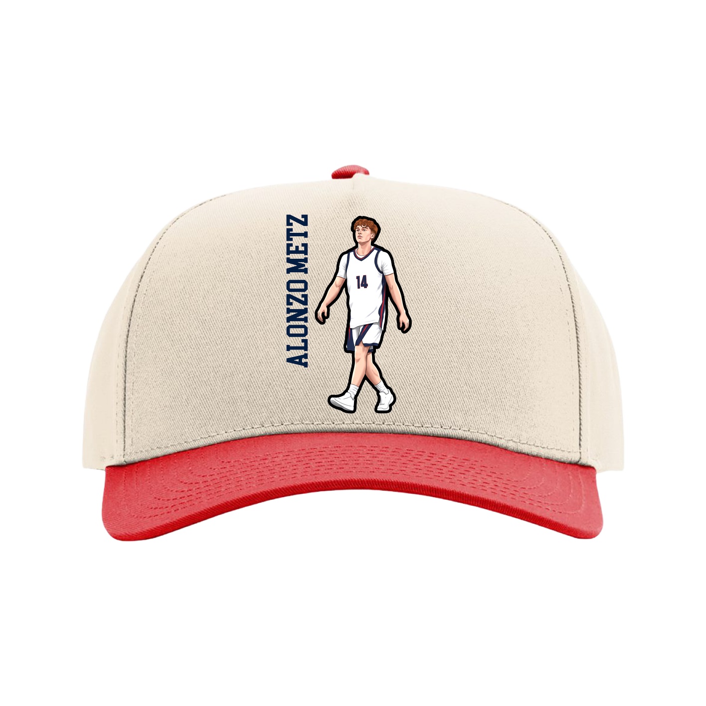 Full Fabric Five-Panel Champ Cap — Name Vertical in Cream/Red