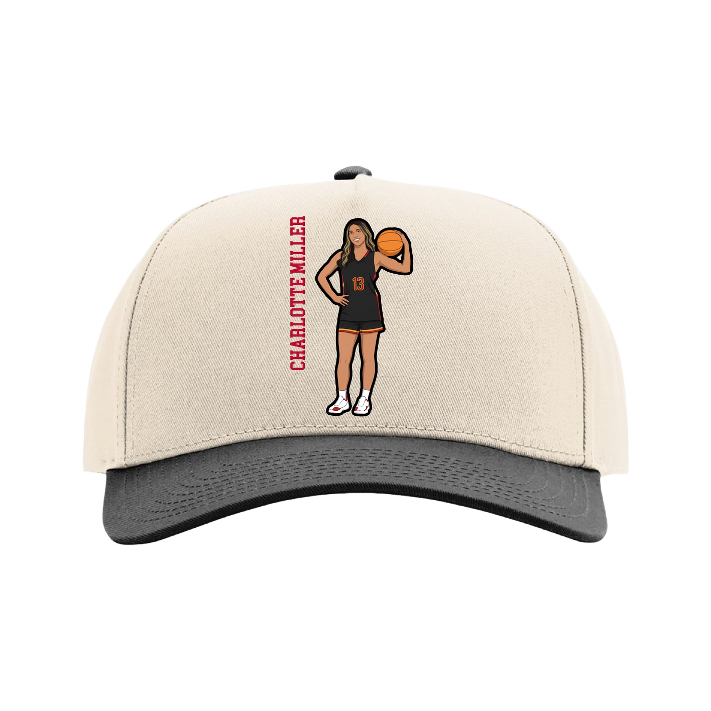 Full Fabric Five-Panel Champ Cap — Name Vertical in Cream/Black