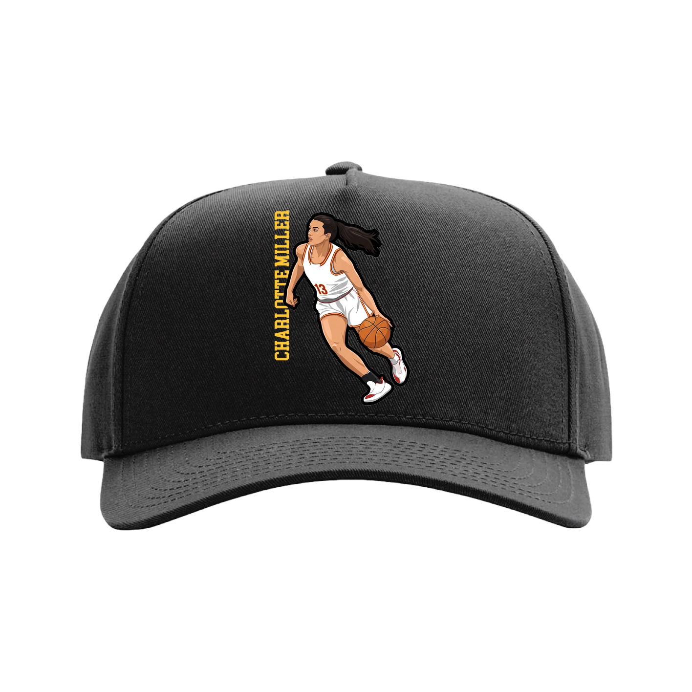 Full Fabric Five-Panel Champ Cap — Name Vertical in Black