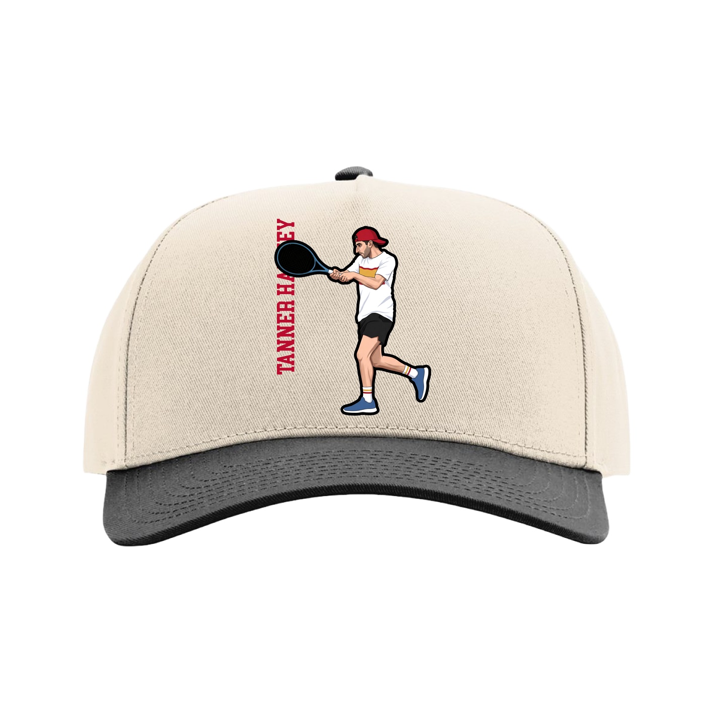 Full Fabric Five-Panel Champ Cap — Name Vertical in Cream/Black