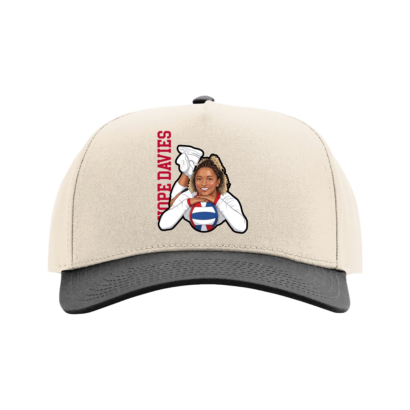 Full Fabric Five-Panel Champ Cap — Name Vertical in Cream/Black