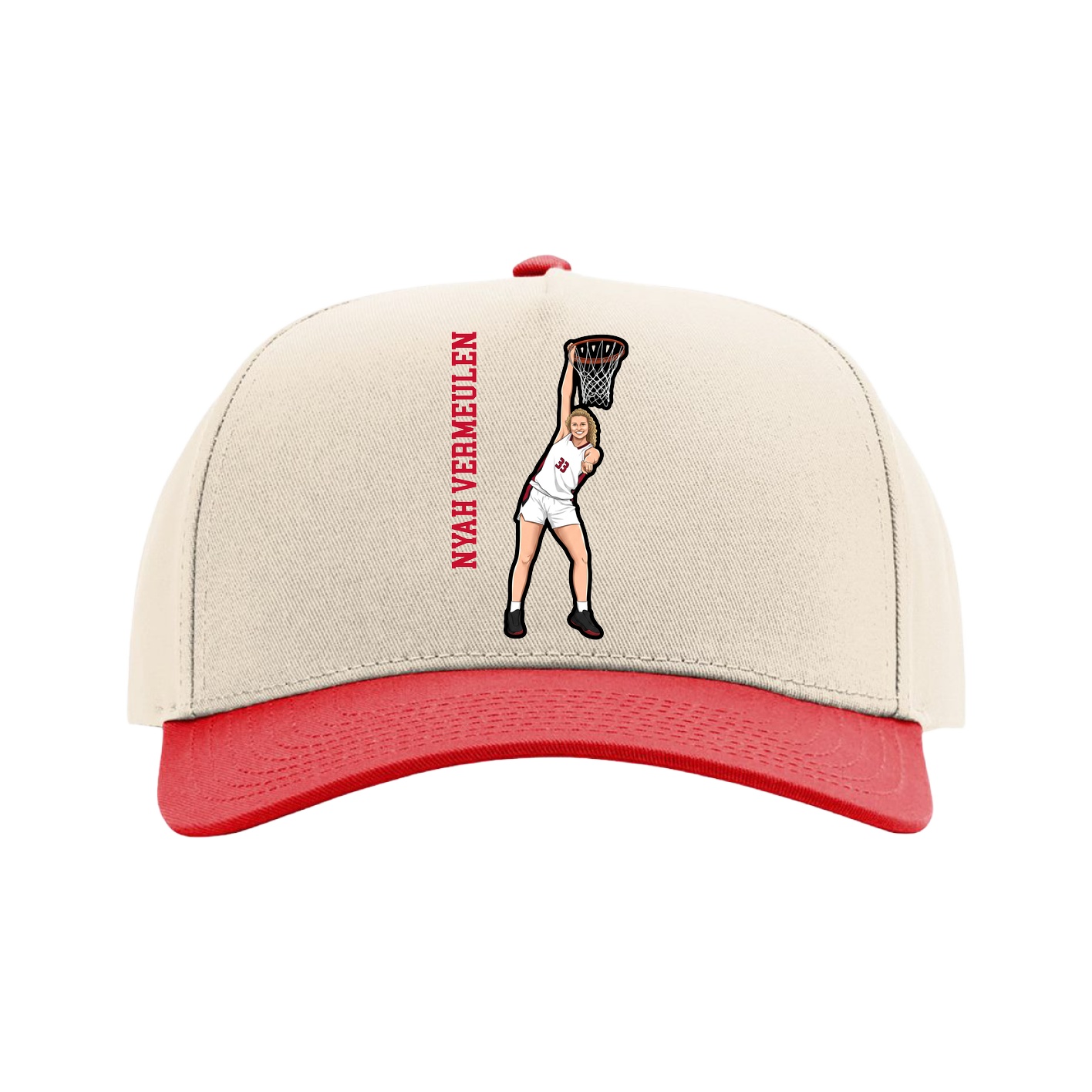 Full Fabric Five-Panel Champ Cap — Name Vertical in Cream/Red
