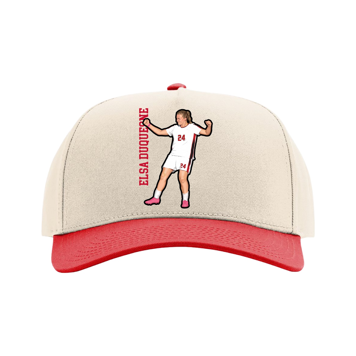 Full Fabric Five-Panel Champ Cap — Name Vertical in Cream/Red