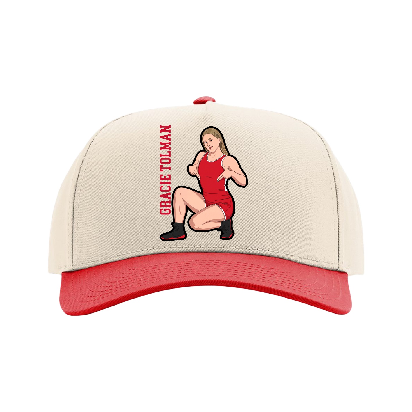 Full Fabric Five-Panel Champ Cap — Name Vertical in Cream/Red