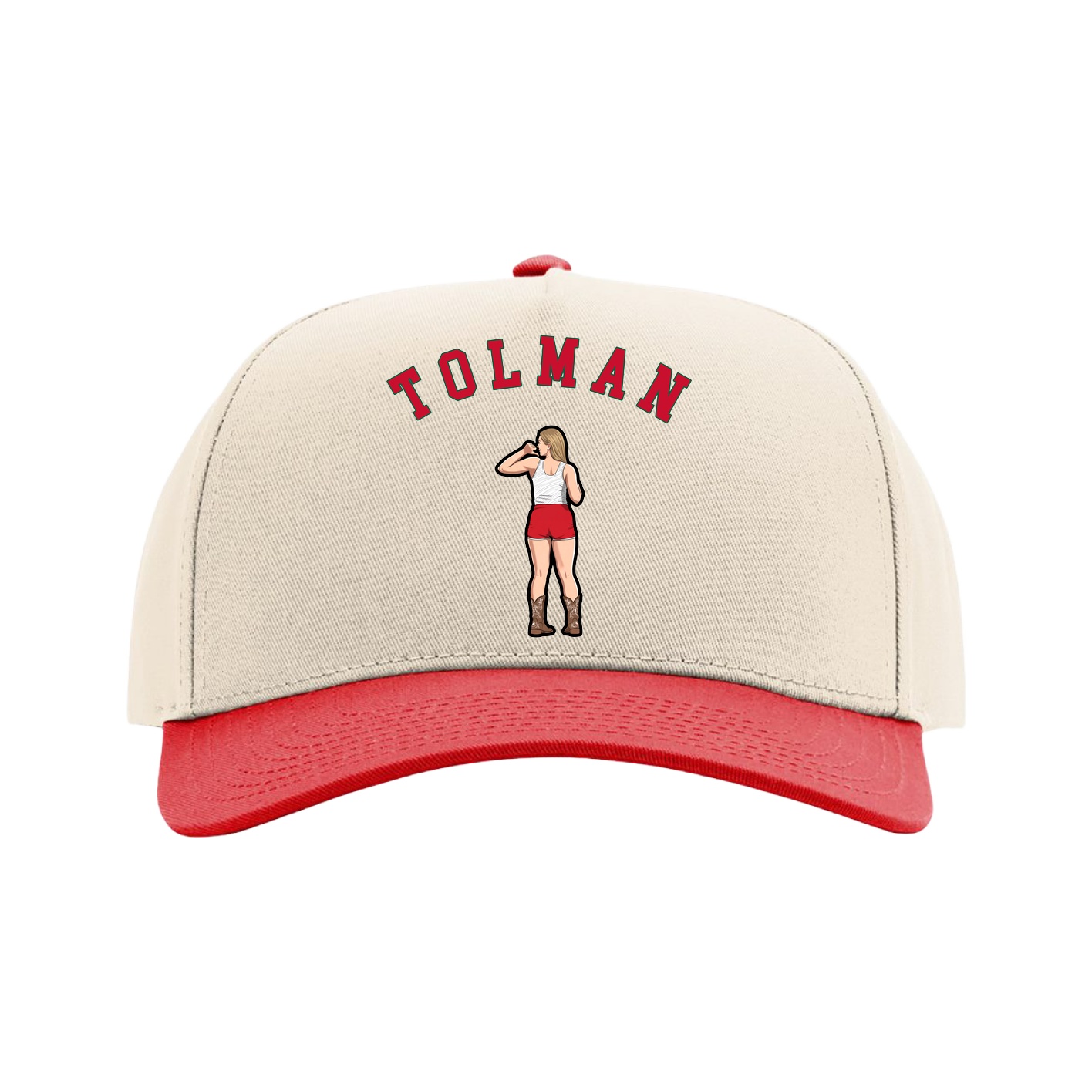 Full Fabric Five-Panel Champ Cap — Shirsey Arch in Cream/Red