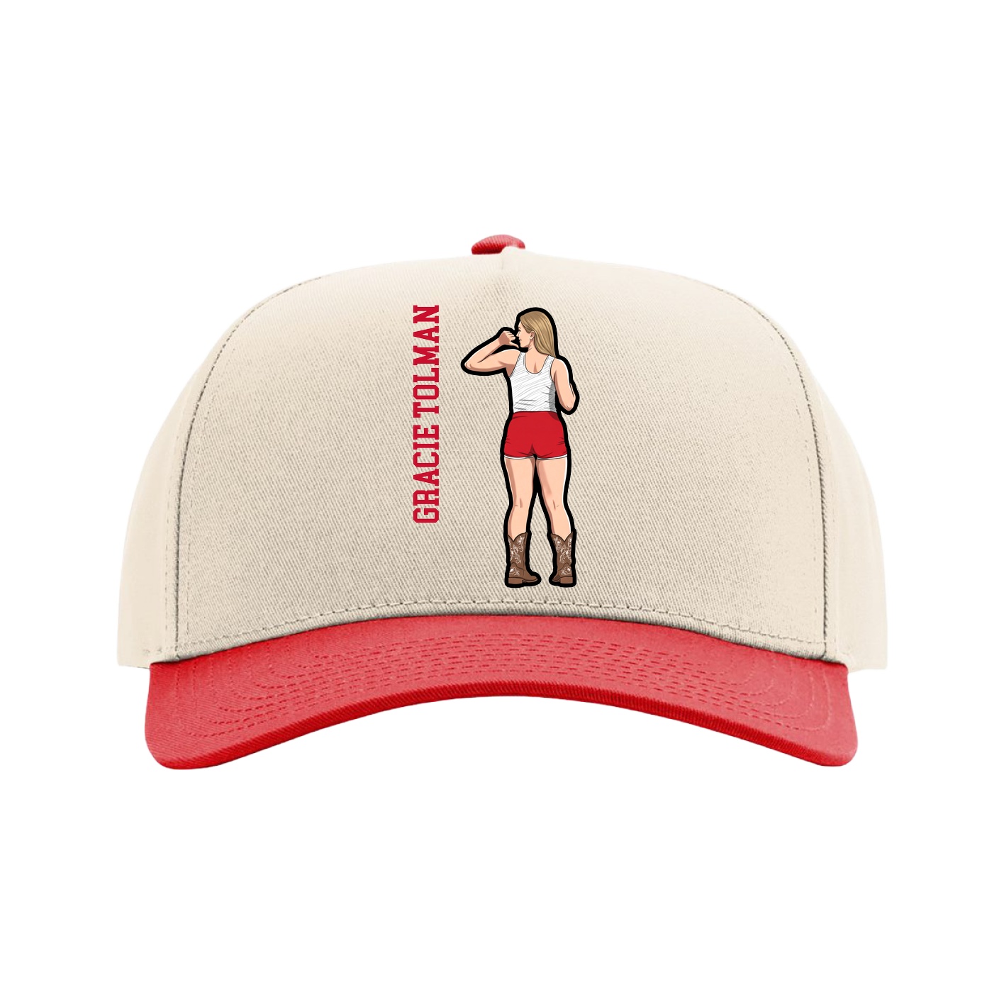 Full Fabric Five-Panel Champ Cap — Name Vertical in Cream/Red