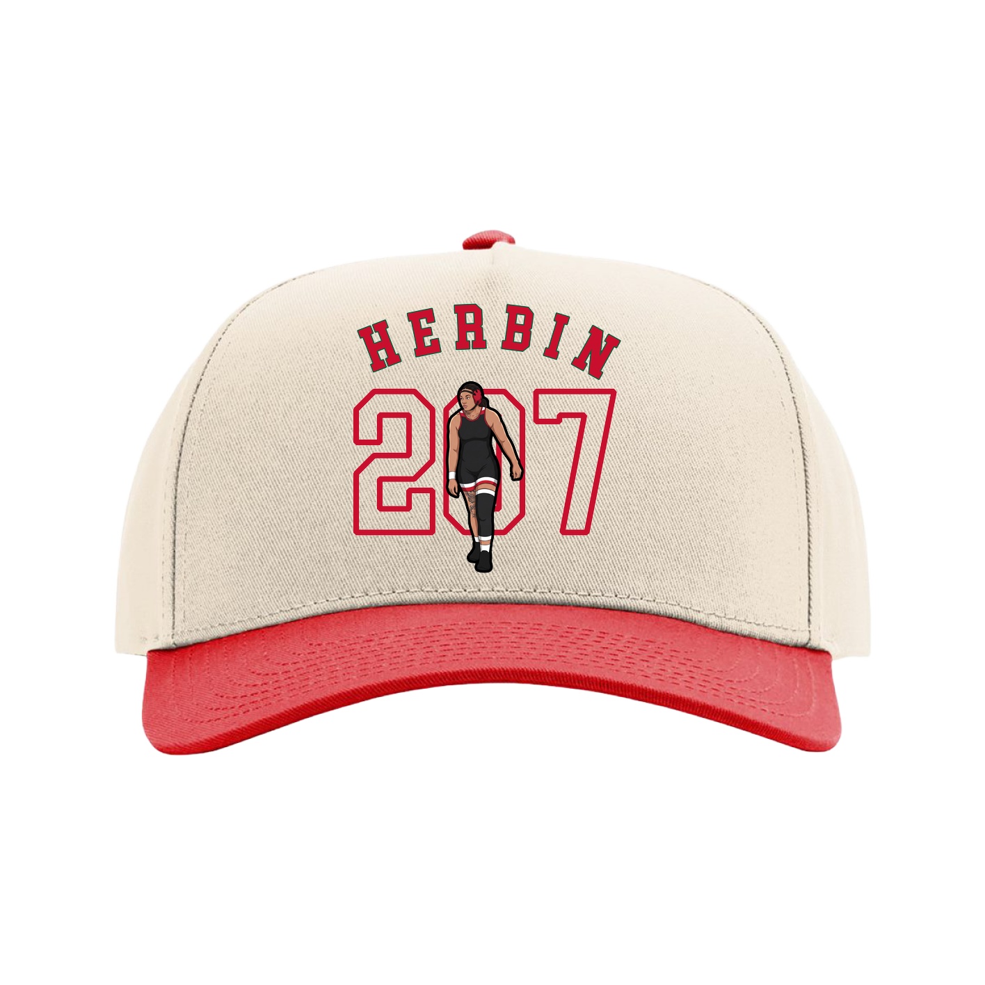 Full Fabric Five-Panel Champ Cap — Shirsey Arch in Cream/Red