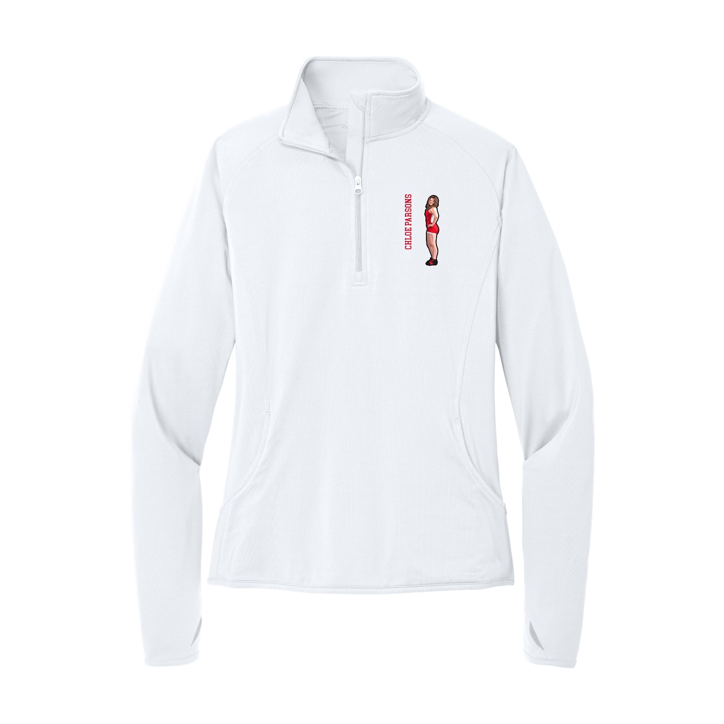 Women's Q-Zip Pullover — Name Vertical in White