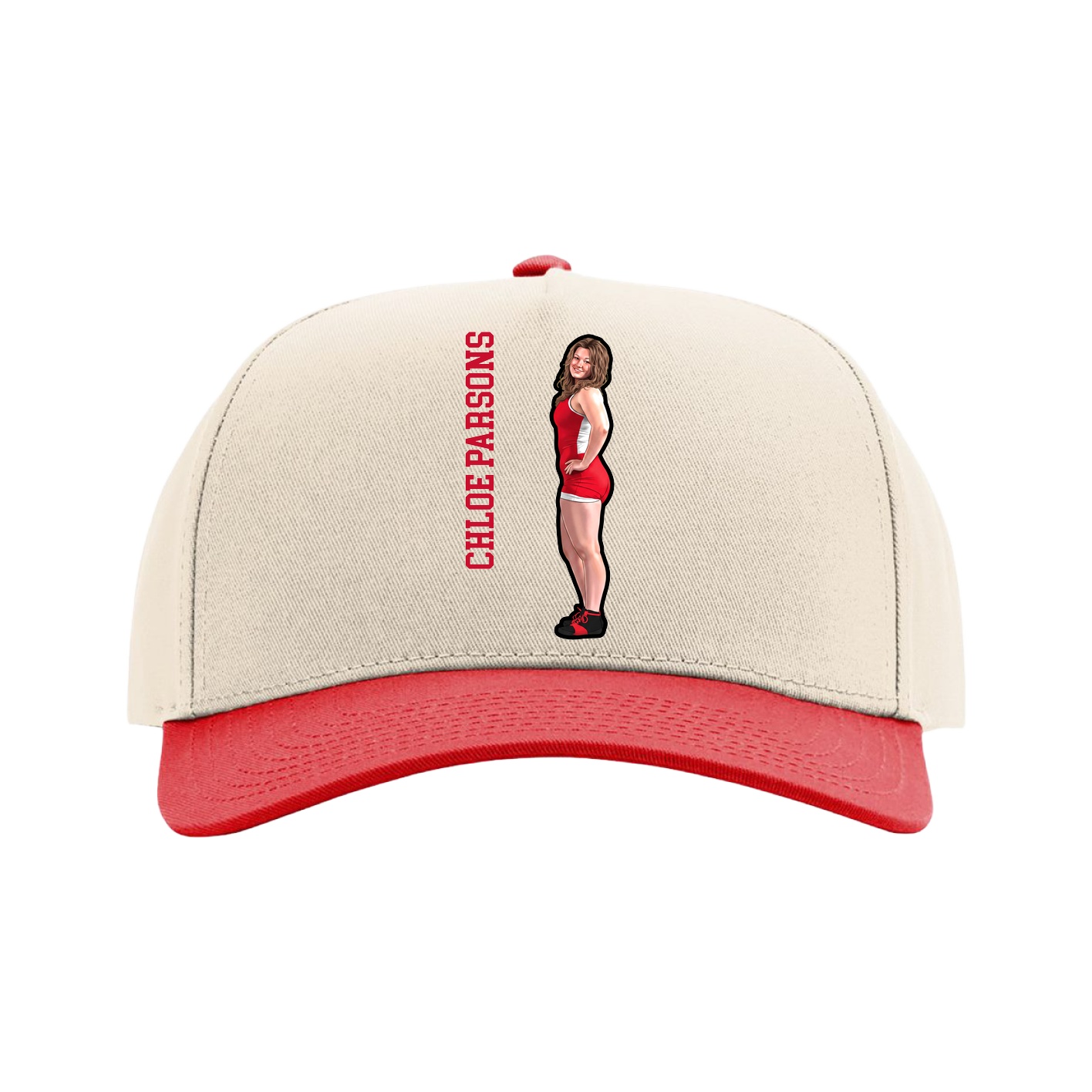 Full Fabric Five-Panel Champ Cap — Name Vertical in Cream/Red