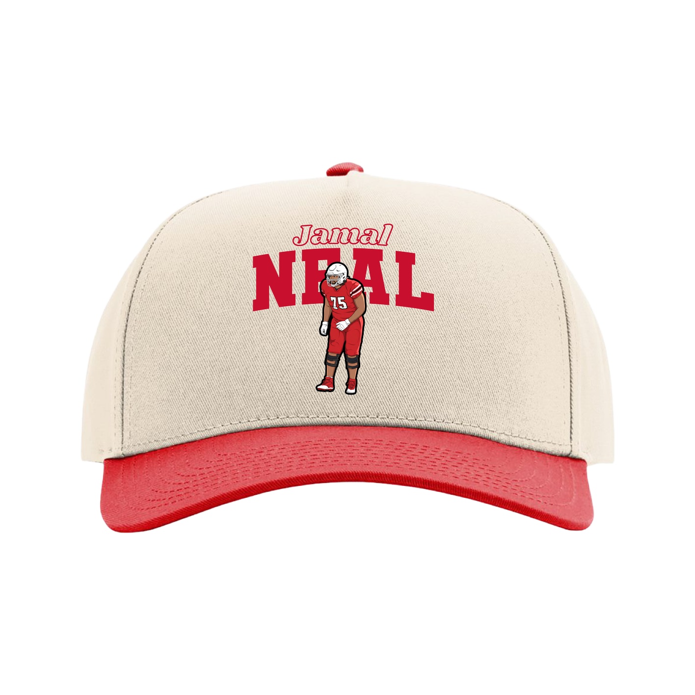 Full Fabric Five-Panel Champ Cap — Name Arch in Cream/Red