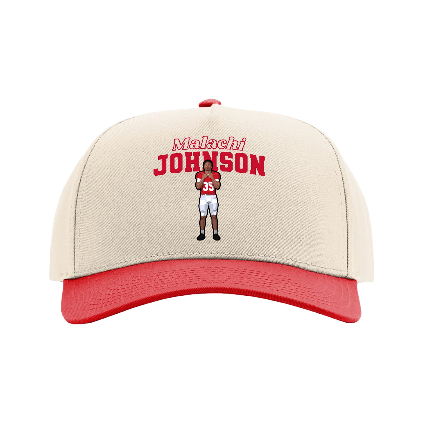 Full Fabric Five-Panel Champ Cap — Name Arch in Cream/Red