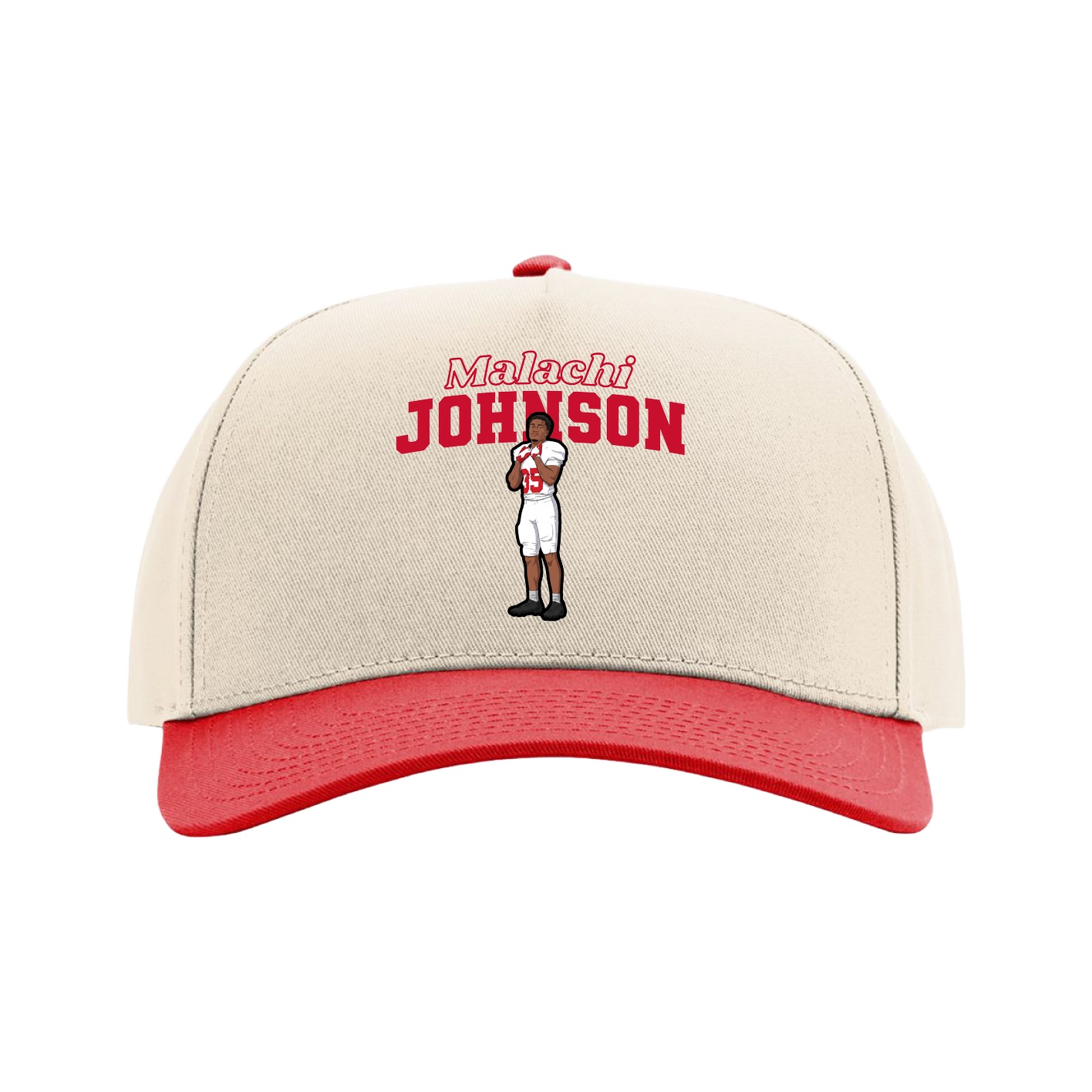 Full Fabric Five-Panel Champ Cap — Name Arch in Cream/Red
