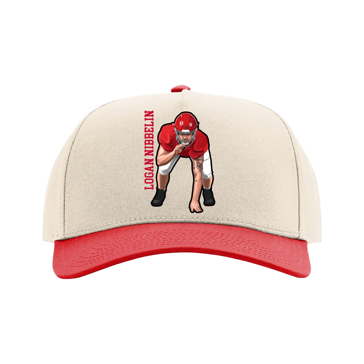 Full Fabric Five-Panel Champ Cap — Name Vertical in Cream/Red