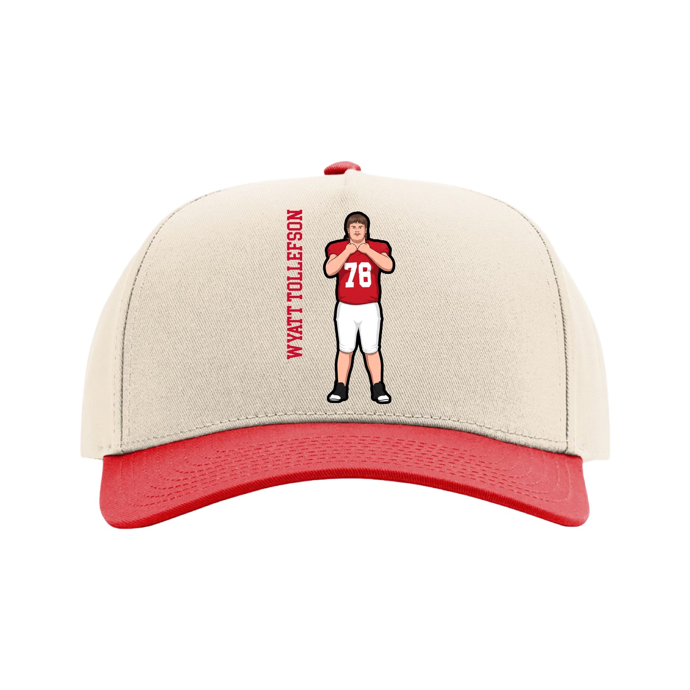 Full Fabric Five-Panel Champ Cap — Name Vertical in Cream/Red