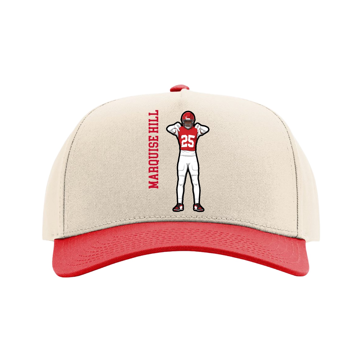 Full Fabric Five-Panel Champ Cap — Name Vertical in Cream/Red