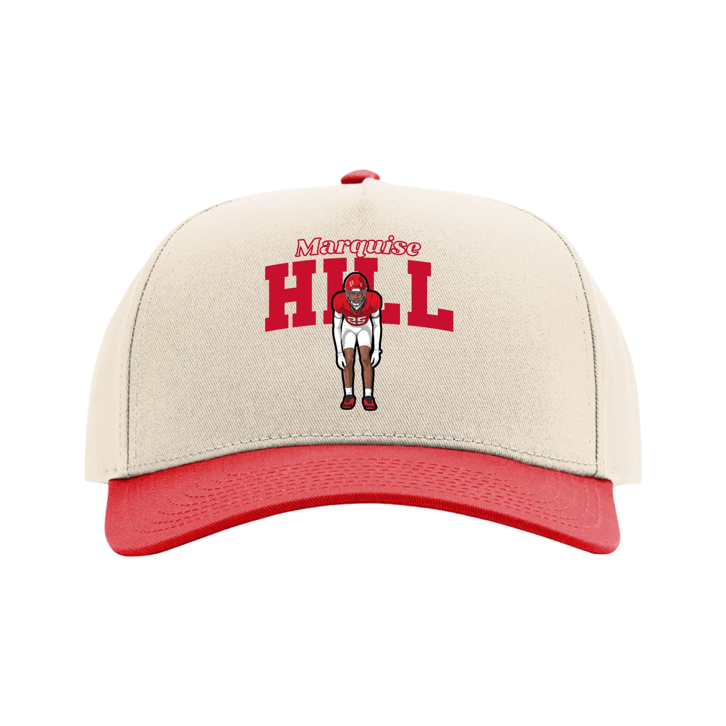 Full Fabric Five-Panel Champ Cap — Name Arch in Cream/Red