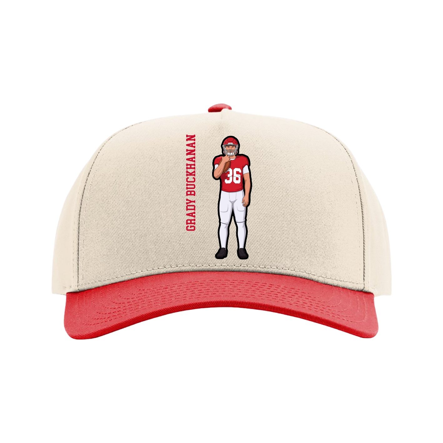 Full Fabric Five-Panel Champ Cap — Name Vertical in Cream/Red