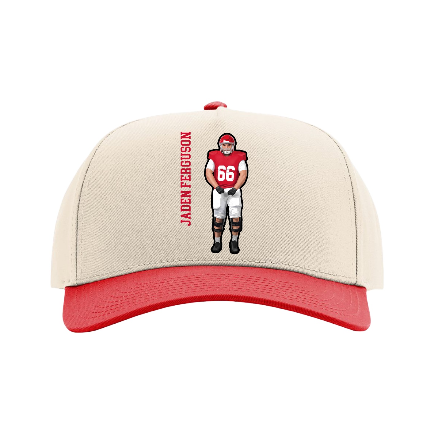 Full Fabric Five-Panel Champ Cap — Name Vertical in Cream/Red