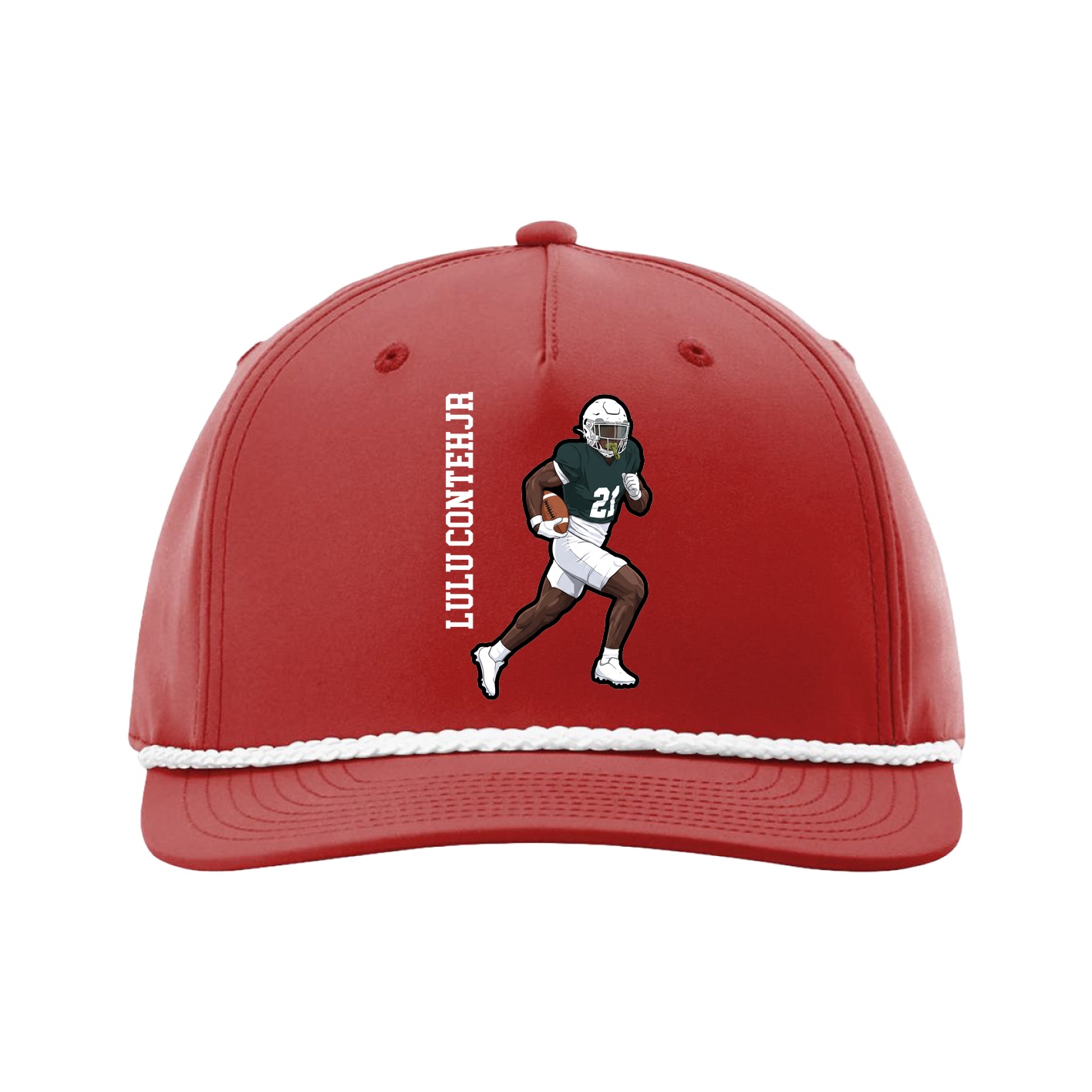 Five-Panel Classic Rope Cap — Name Vertical in Red