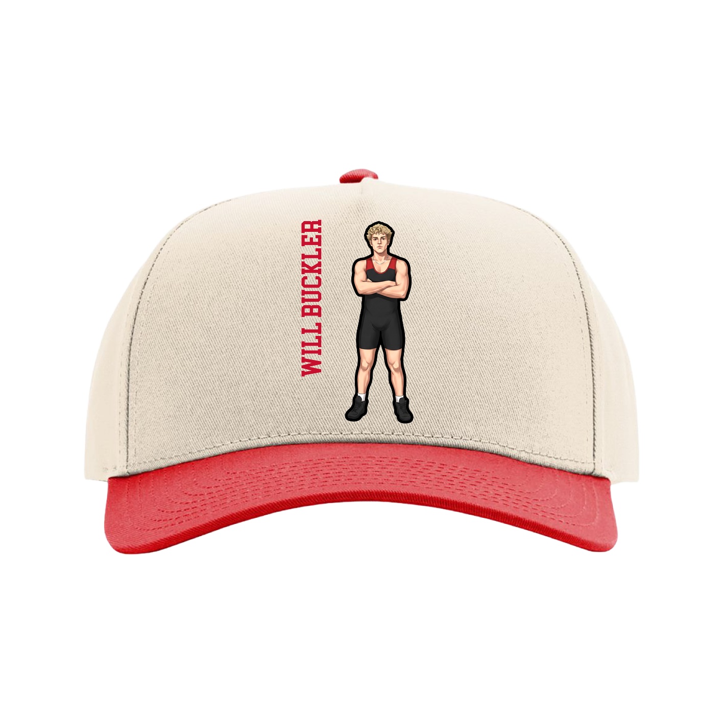 Full Fabric Five-Panel Champ Cap — Name Vertical in Cream/Red