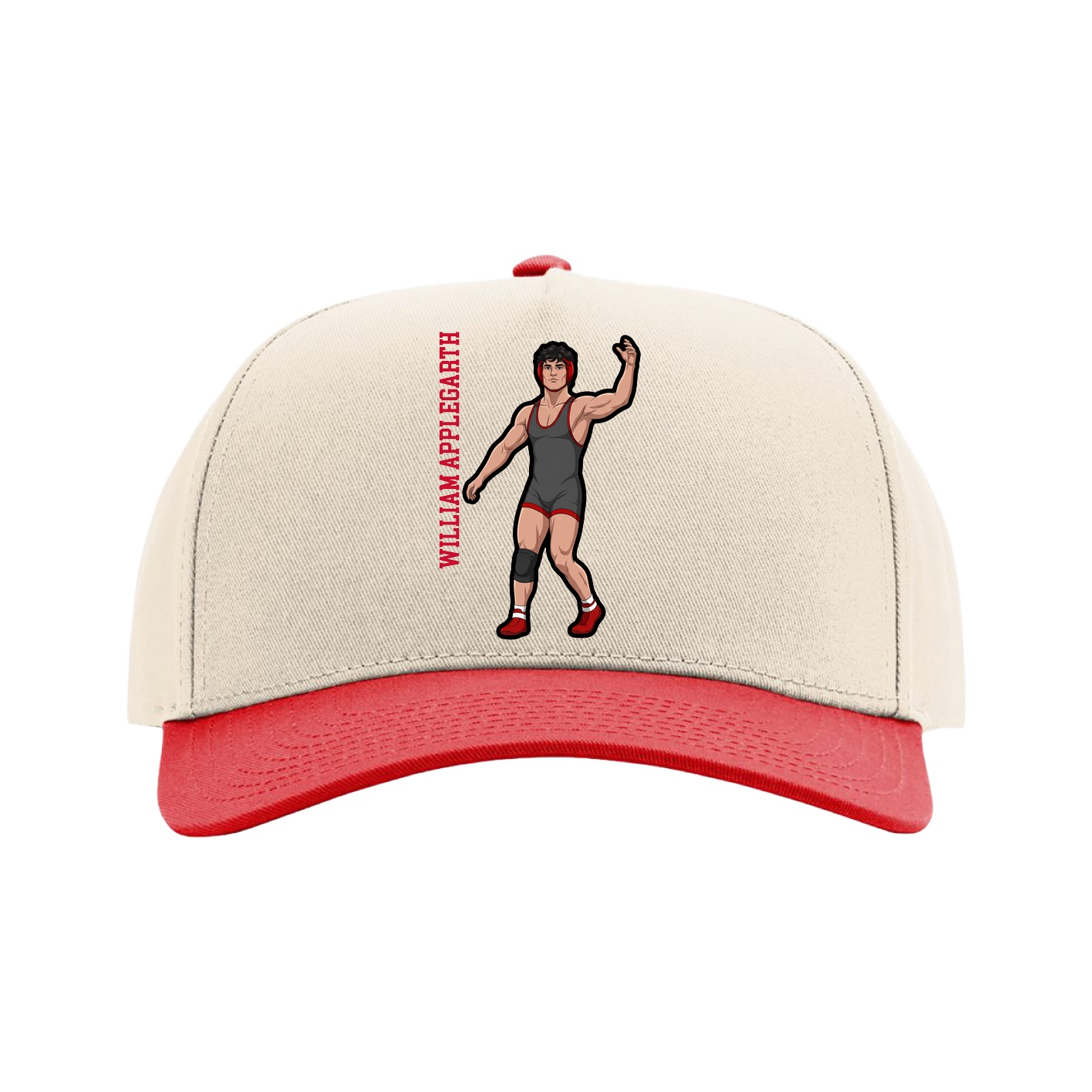 Full Fabric Five-Panel Champ Cap — Name Vertical in Cream/Red