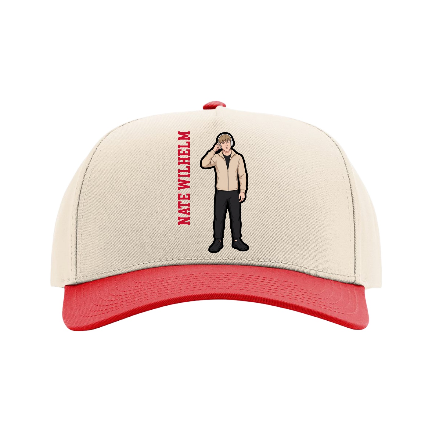 Full Fabric Five-Panel Champ Cap — Name Vertical in Cream/Red