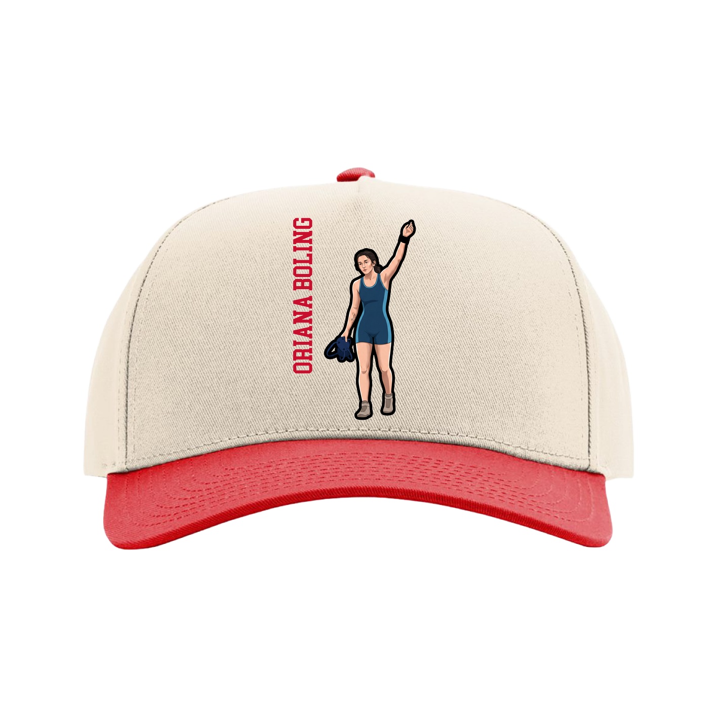 Full Fabric Five-Panel Champ Cap — Name Vertical in Cream/Red