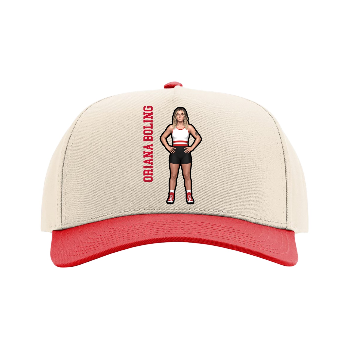 Full Fabric Five-Panel Champ Cap — Name Vertical in Cream/Red