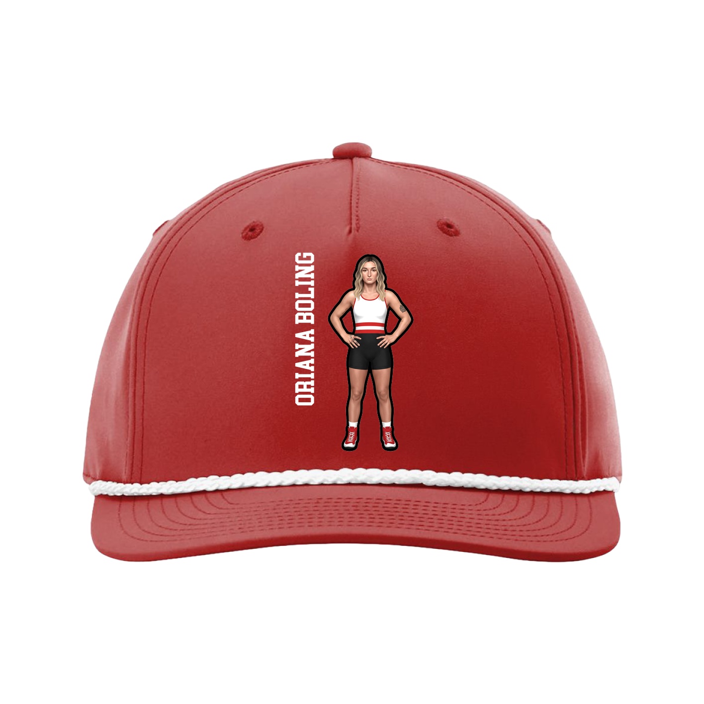 Five-Panel Classic Rope Cap — Name Vertical in Red