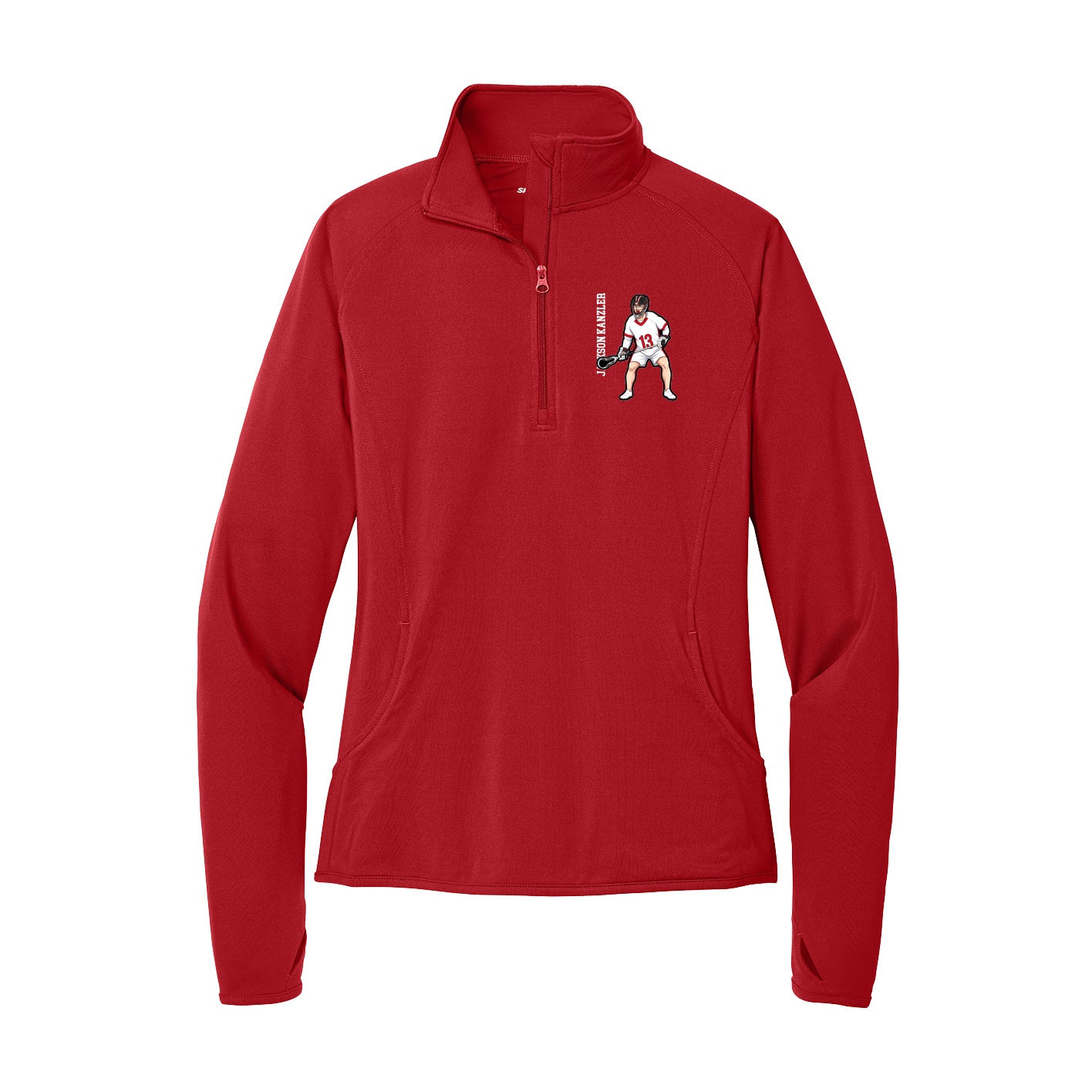 Women's Q-Zip Pullover — Name Vertical in Red