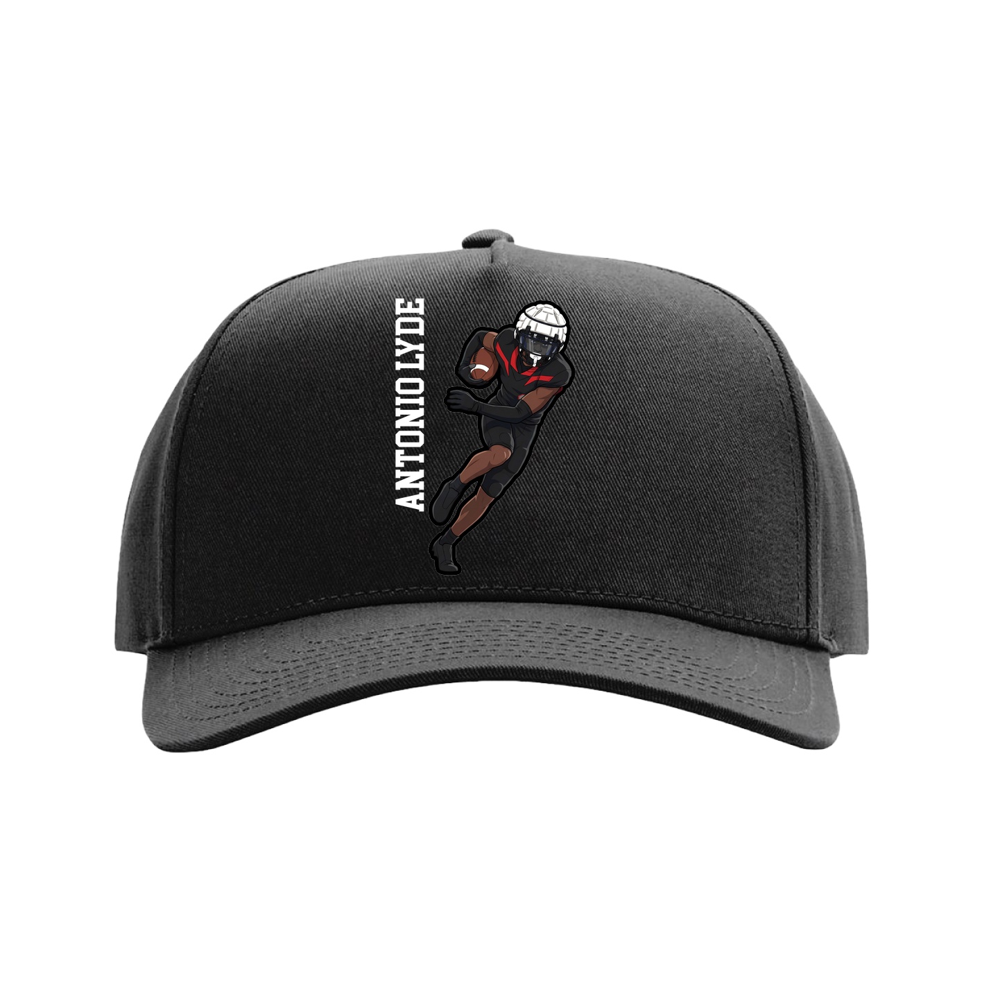 Full Fabric Five-Panel Champ Cap — Name Vertical in Black