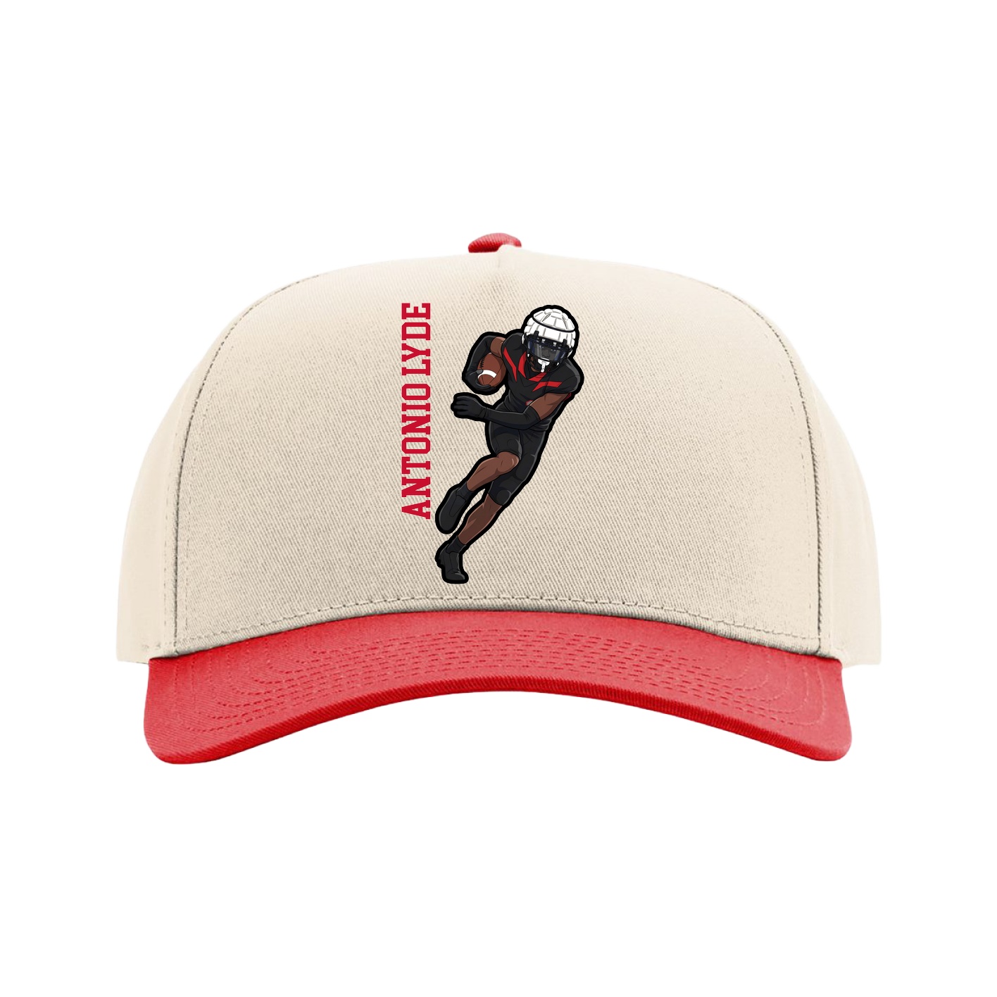 Full Fabric Five-Panel Champ Cap — Name Vertical in Cream/Red