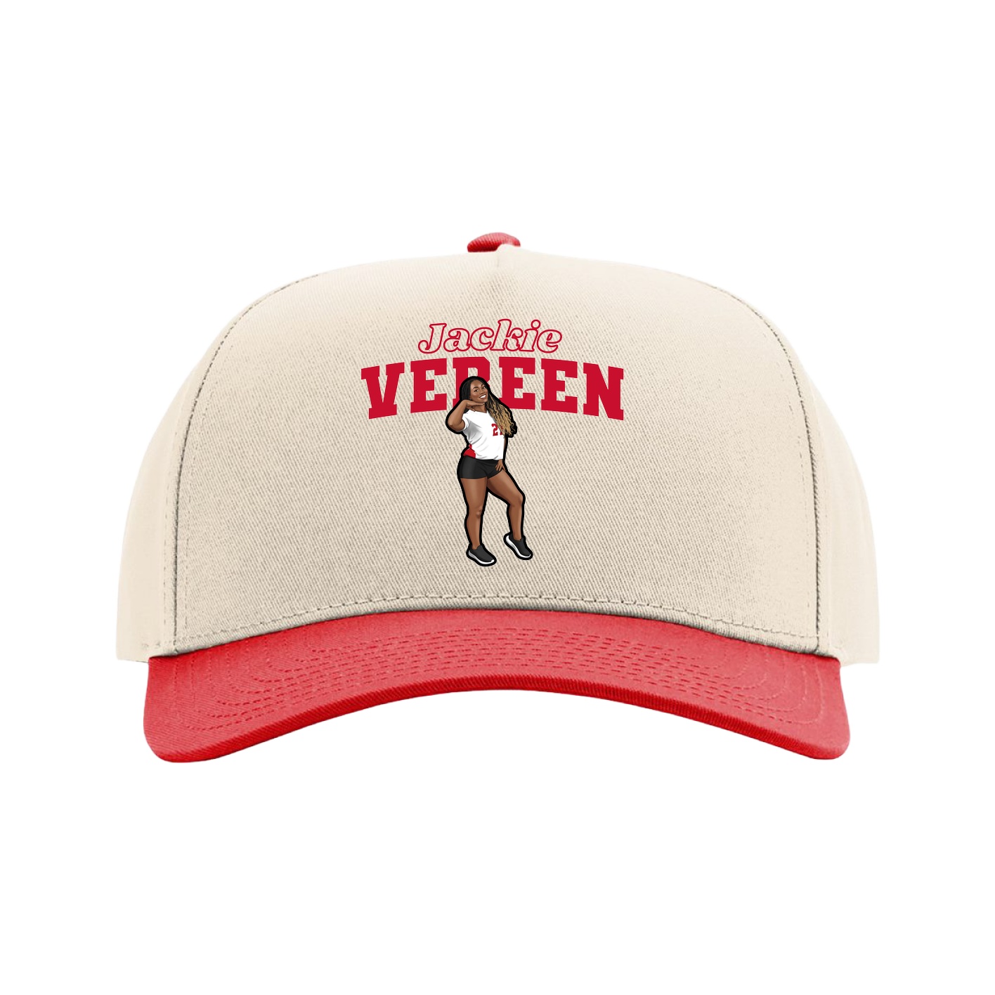 Full Fabric Five-Panel Champ Cap — Name Arch in Cream/Red