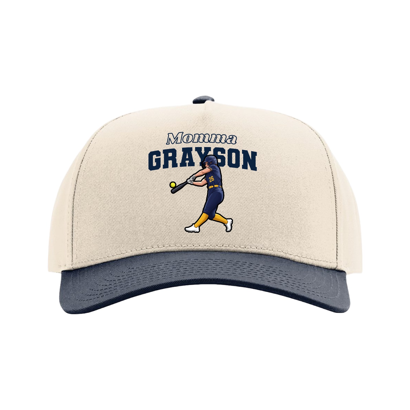 Full Fabric Five-Panel Champ Cap — Mothers Day Block in Cream/Navy