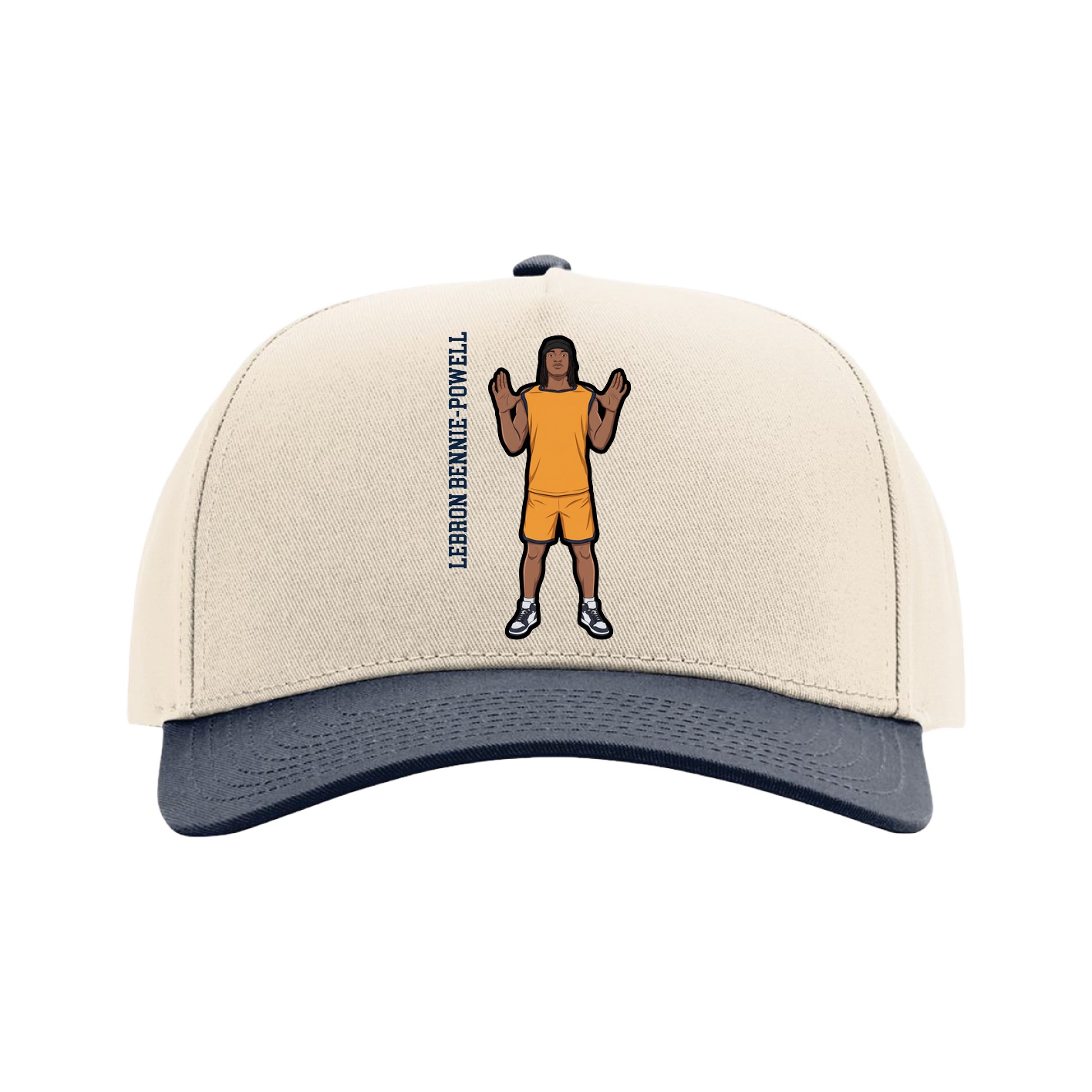 Full Fabric Five-Panel Champ Cap — Name Vertical in Cream/Navy