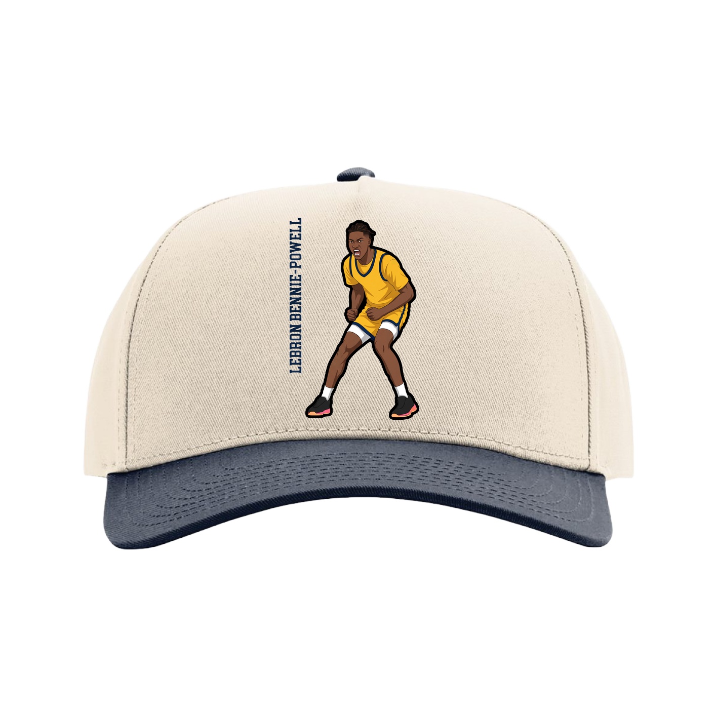 Full Fabric Five-Panel Champ Cap — Name Vertical in Cream/Navy